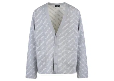 Pre-owned Balenciaga Men's  Allover Iconic Logo Cotton Cardigan In Grey