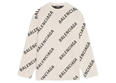 Pre-owned Balenciaga Men's  Allover Logo Crewneck Sweatshirt In White