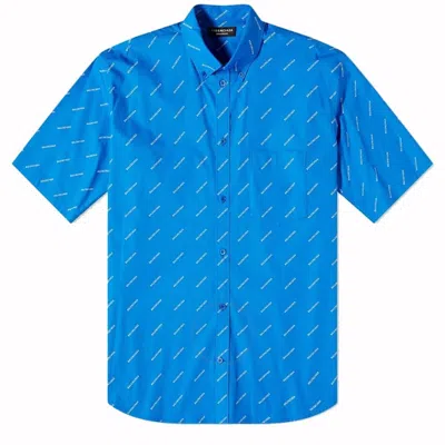 Pre-owned Balenciaga Men's  Allover Logo Short Sleeve Shirt In Blue