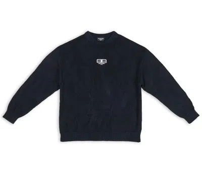 Pre-owned Balenciaga Men's  Bb Embroidered Crewneck Sweatshirt Sweater In Navy Blue