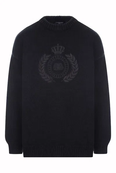Pre-owned Balenciaga Men's  Bb Laurel Crown Logo Crewneck Sweatshirt Knitted Sweater In Black
