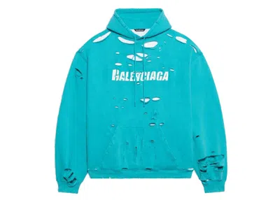 Pre-owned Balenciaga Men's  Caps Destroyed Hoodie In Navy Blue/white