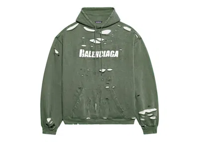 Pre-owned Balenciaga Men's  Caps Destroyed Oversize Fit Hoodie In Dark Green/white