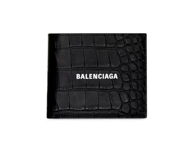 Pre-owned Balenciaga Men's  Cash Square Folded Coin Wallet Crocodile Embossed In Black