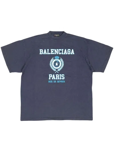 Pre-owned Balenciaga Men's  College Crest Crinkled T-shirt In Ocean Blue