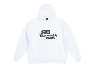 Pre-owned Balenciaga Men's  Hand Drawn Bb Icon Large Fit Hoodie In White/black In Multi