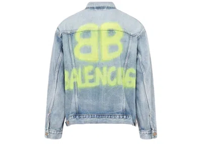 Pre-owned Balenciaga Men's  Large Fit Grafitti Backlogo Denim Jacket In Blue/yellow In Multi