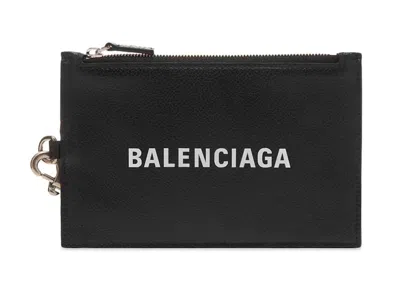 Pre-owned Balenciaga Men's  Logo Leather Passport Holder Lanyard In Black