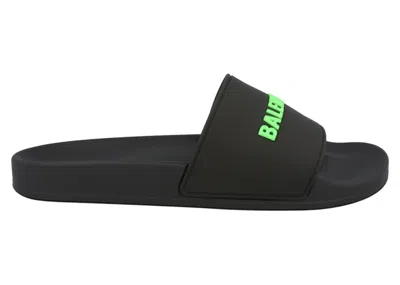 Pre-owned Balenciaga Men's  Logo Pool Slides Fluo Green Sneakers In Black