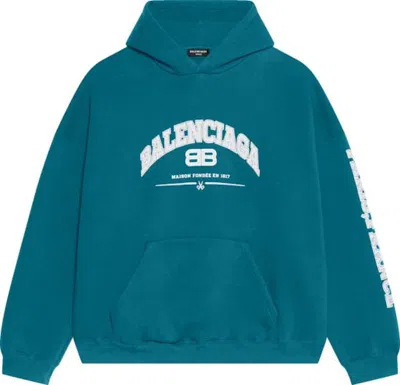 Pre-owned Balenciaga Men's  Logoprint Maison Hooded Sweatshirt In Petrol Blue