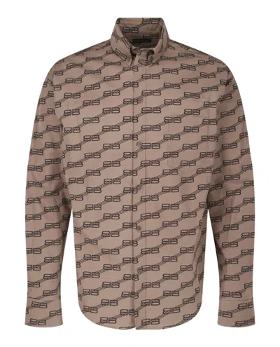 Pre-owned Balenciaga Men's  Monogram Long Sleeve Shirt In Beige
