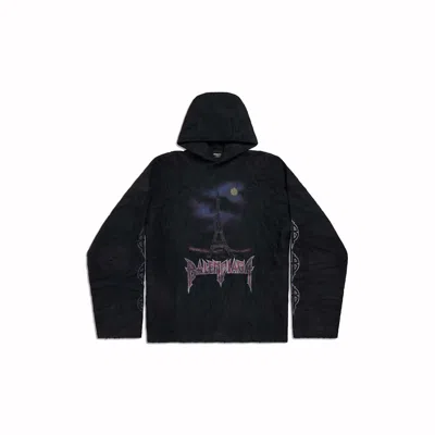 Pre-owned Balenciaga Men's  Paris Moon Crinkled Hoodie Large Fit In Black