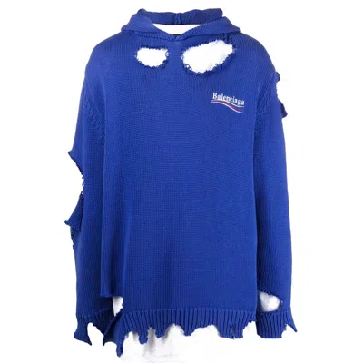 Pre-owned Balenciaga Men's  Political Campaign Destroyed Knit Hoodie In Blue