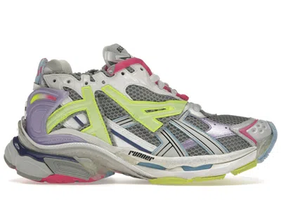 Pre-owned Balenciaga Men's  Runner Leather Free White Sneakers In Grey/light Purple/neon Yellow