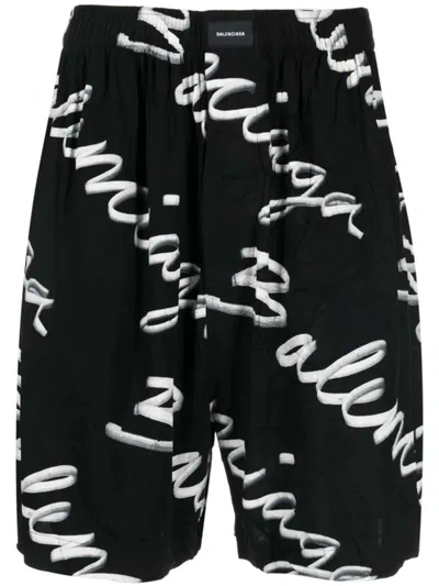 Pre-owned Balenciaga Men's  Scribble Logo Bermuda Shorts In Black