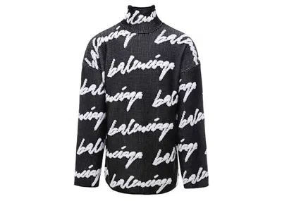 Pre-owned Balenciaga Men's  Scribble Logo Turtleneck Jersey Sweater In Black/white
