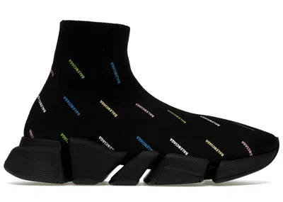 Pre-owned Balenciaga Men's  Speed 2.0 Allover Logo Recycled Knit Sneakers In Black