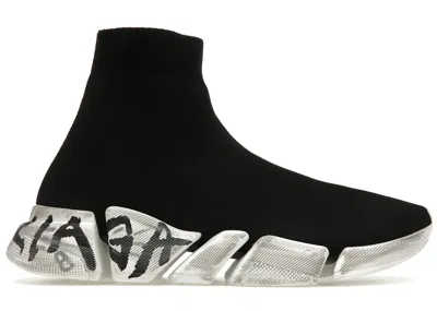 Pre-owned Balenciaga Men's  Speed 2.0 Graffiti Recycled Knit Sneakers In Black/white
