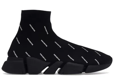 Pre-owned Balenciaga Men's  Speed Trainer 2.0 All Over Logo Sneakers In Black/white