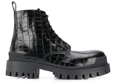 Pre-owned Balenciaga Men's  Strike 20mm Croc Embossed Lace Up Boot Sneakers In Black