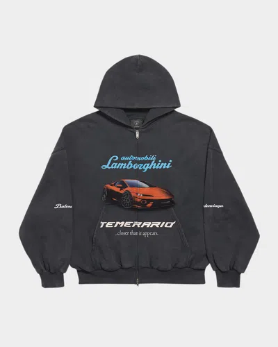 Balenciaga Men's  I Automobili Lamborghini Zip-up Hoodie Small Fit In Black Faded In Gray