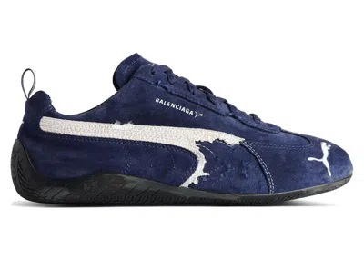 Pre-owned Balenciaga Men's  X Puma Speedcat Suede Distressed Sneakers In Navy Blue/white/black