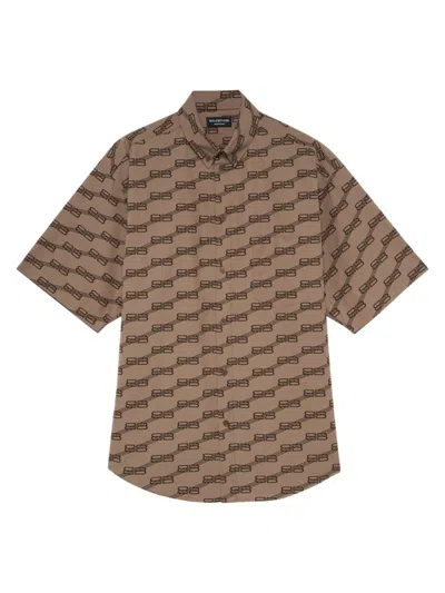 Balenciaga Men's Bb Monogram Short Sleeve Shirt In Beige Brown