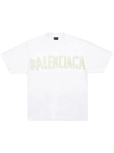 Balenciaga White And Canary Yellow Logo Tape Detail Cotton T-shirt For Men In Black