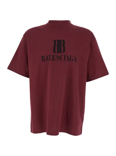 Balenciaga Men Bordeaux Crewneck T-shirt With Logo Print On The Front In Cotton Man In Red
