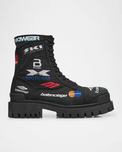 Balenciaga Men's Combat Strike L20 Print Canvas Lace-up Boots In 1000 Black