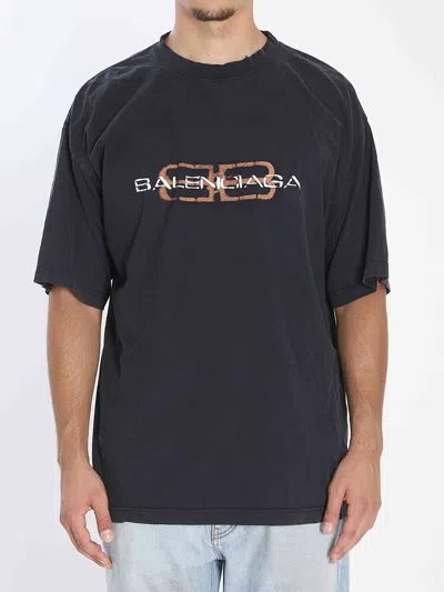 Balenciaga Men Cotton T-shirt In Blue
