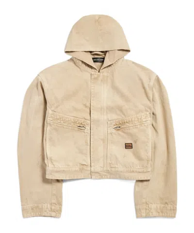 Balenciaga Men's Cropped Hooded Workwear Jacket In Beige In Neutral
