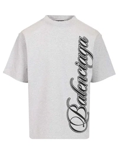 Balenciaga Men Cursive T-shirt In Gray