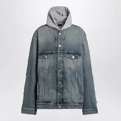 Balenciaga Men's Denim And Fleece Cotton Jacket With Logo In Blue
