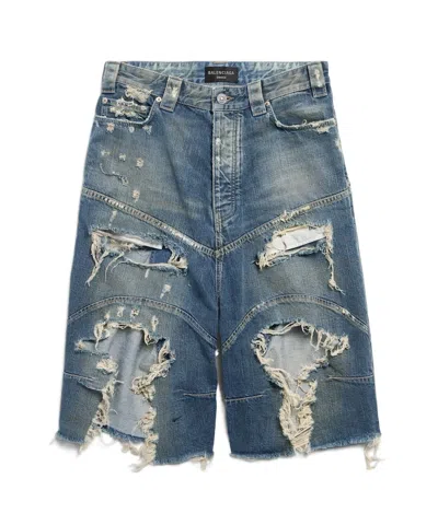 Balenciaga Men's Distressed Baggy Shorts In Blue