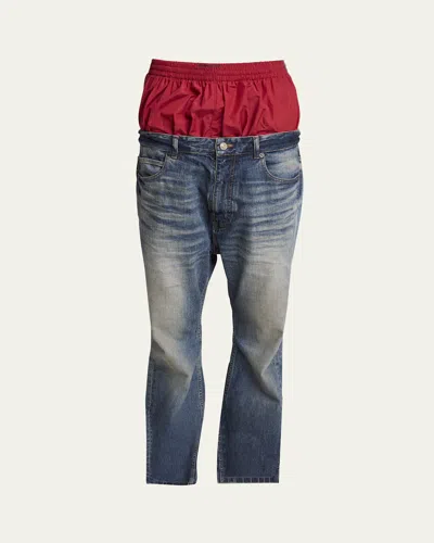 Balenciaga Men's Double-layer Denim And Nylon Pants In Multi