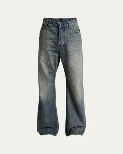 Balenciaga Men's Faded Denim Relaxed-fit Bootcut Jeans In Blue