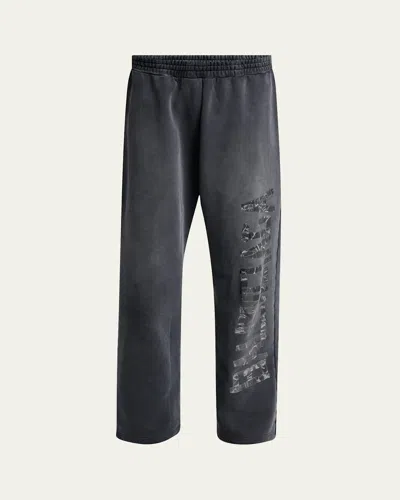 Balenciaga Men's Faded Terry Logo Tape Relaxed-fit Sweatpants In Black