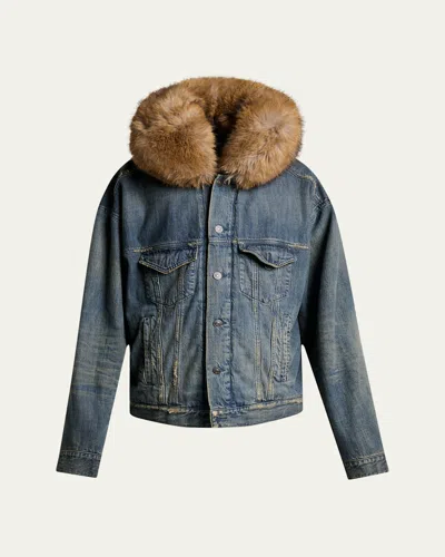 Balenciaga Men's Faux Fur-trim Hooded Denim Trucker Jacket In Blue