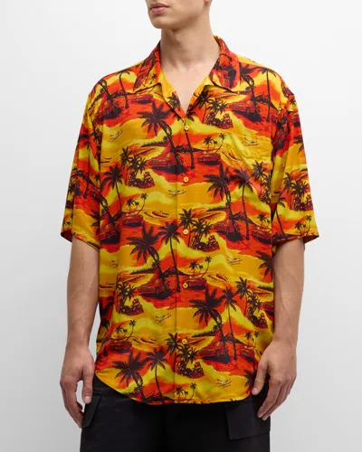Balenciaga Men's Hawaiian Button-down Shirt In Orange