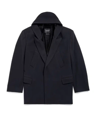 Balenciaga Men's Hooded Short Coat In Dark Navy In Black