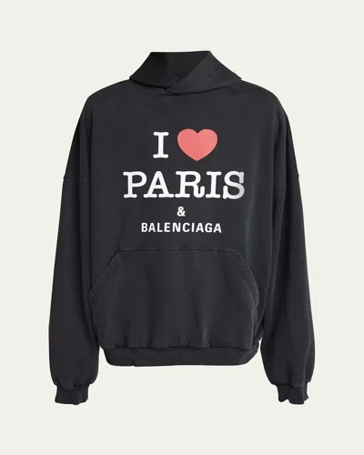 BALENCIAGA MEN'S I LOVE PARIS OVERSIZED TERRY HOODIE