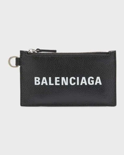 Balenciaga Men's Key Ring Leather Logo Card Case In 1090 Black/l White