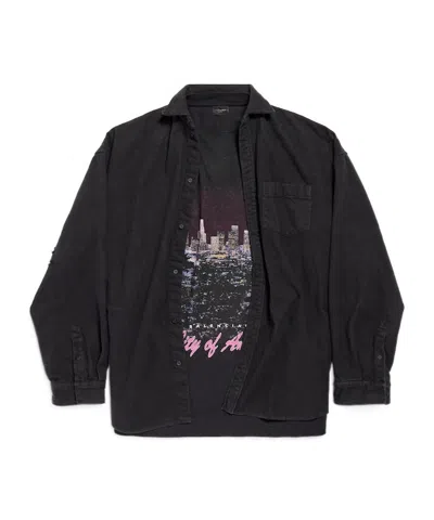 Balenciaga Layered Distressed Long Sleeve Graphic Shirt In Black