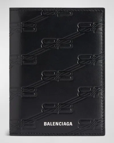 Balenciaga Men's Leather Embossed Monogram Vertical Bifold Wallet In Black