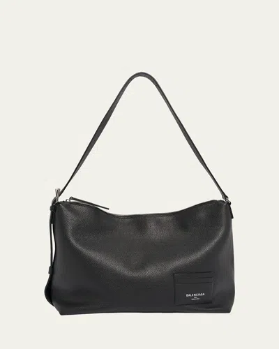 Balenciaga Men's Leather Hobo Messenger Bag In Black