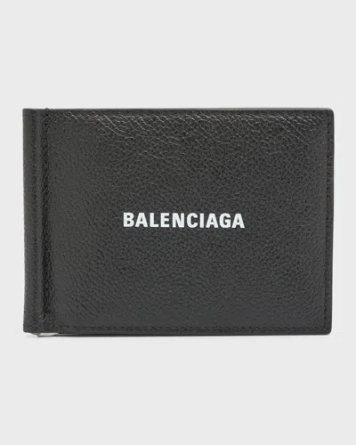 Balenciaga Men's Leather Logo Bifold Wallet W/ Bill Clip In Black