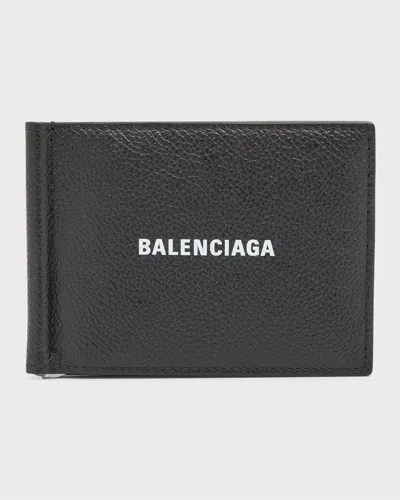 Balenciaga Men's Leather Logo Bifold Wallet W/ Bill Clip In 1090 Black/l White