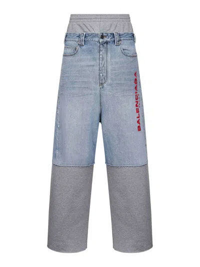 BALENCIAGA BALENCIAGA MEN LIGHT BLUE DENIM AND GREY FLEECE TROUSERS