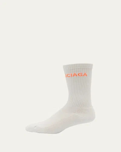 Balenciaga Men's Logo-knit Tennis Socks In White/orange